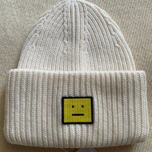 Acne Studios Wool Beanie Hat – White with Yellow Face Logo